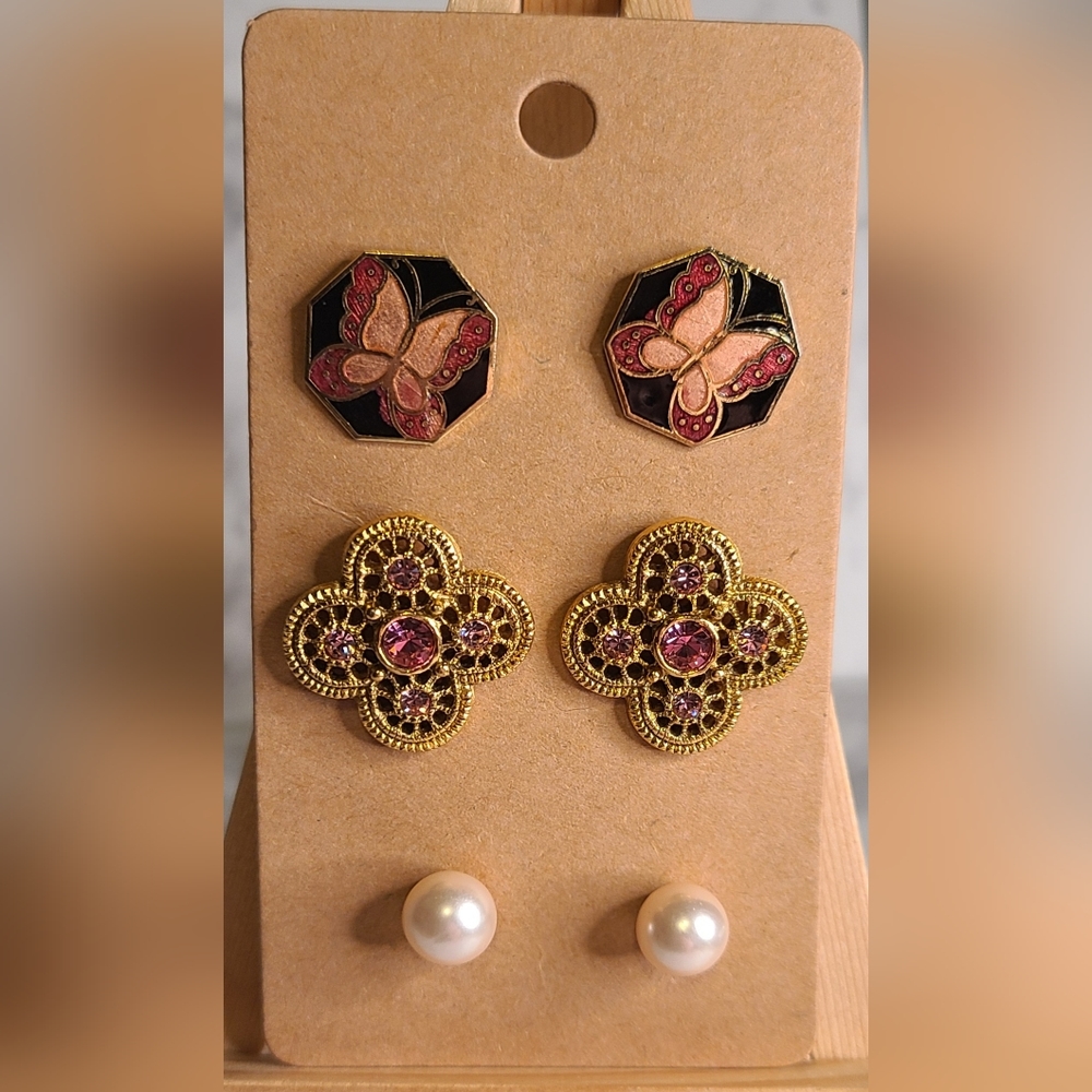 3 pairs of vintage stud earrings-butterfly cloisonne, pink gem quatrefoil, pearl